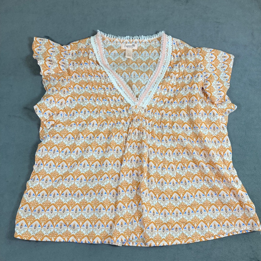 Japna Lounge Orange Blue Palm Print Ruffle Sleeve Lace V-Neck Rayon Blouse L